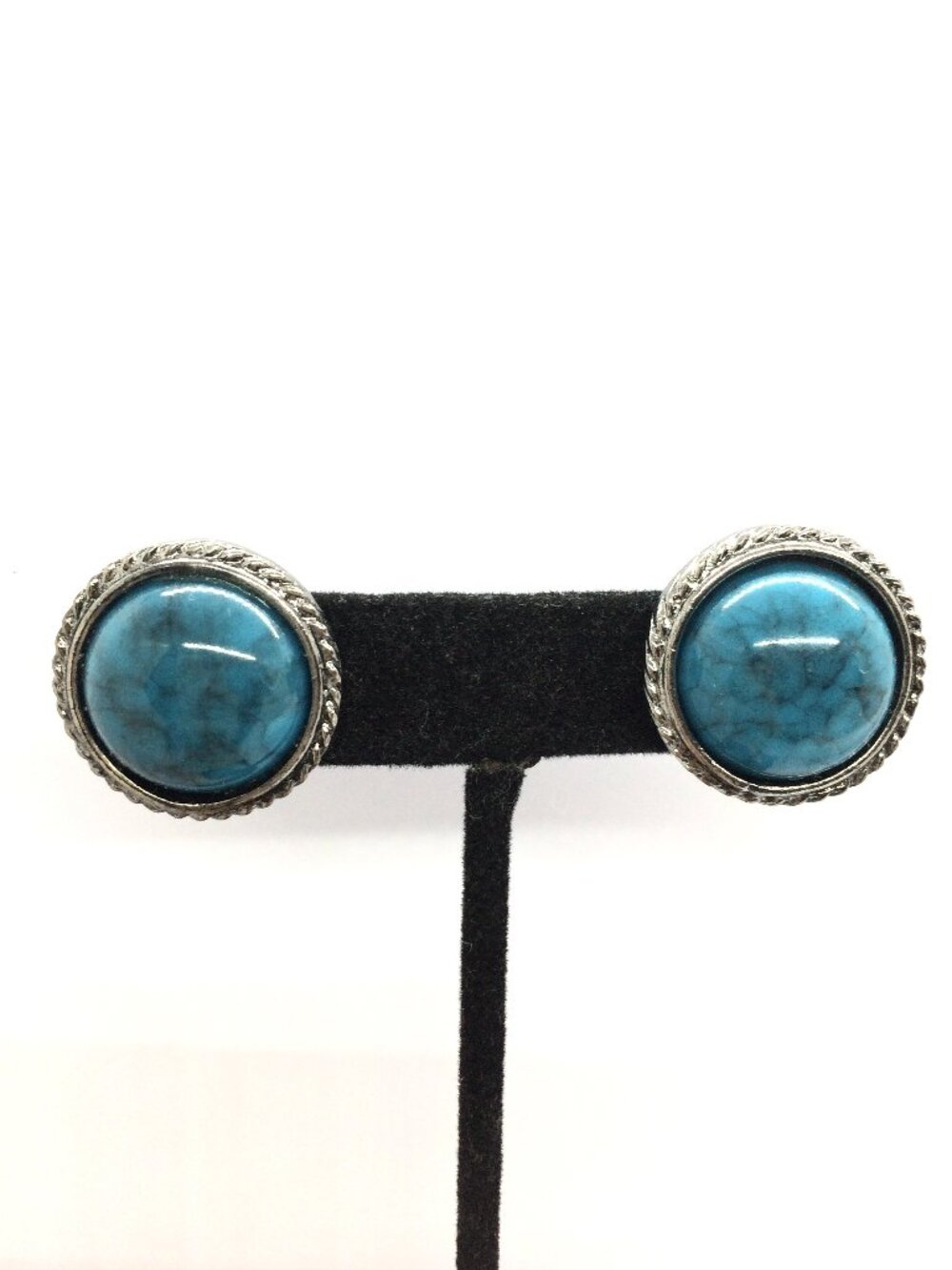 JUDY LEE EARRINGS Vintage Turquoise Blue Cabochon Silver Tone Clip On Round